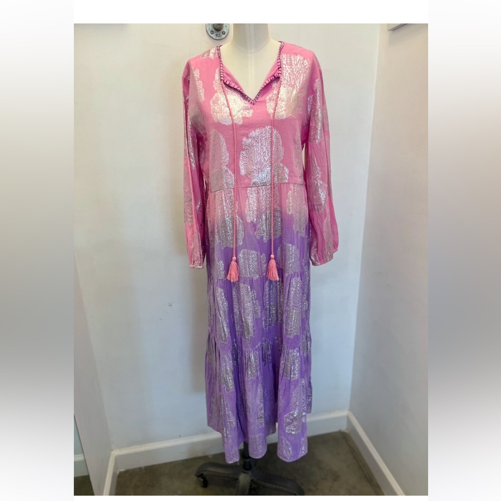 Pink/Purple/Metallic Silver tiered, long sleeve dress.  Lined to the knee.